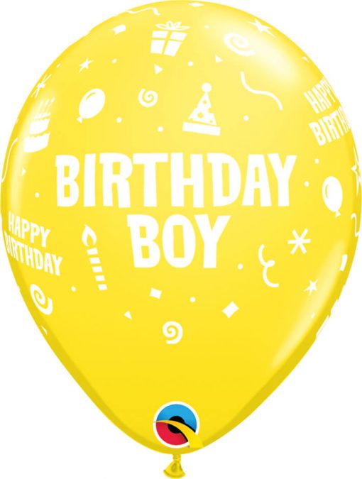 11" / 28cm Birthday Boy Asst of Lime Green, Yellow, Dark Blue, Orange, Robin's Egg Blue Qualatex #20265-1