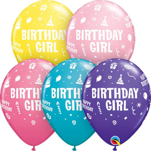 11" / 28cm Birthday Girl Asst of Pink, Tropical Teal, Yellow, Purple Violet, Rose Qualatex #20266-1