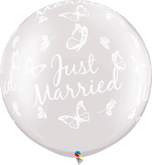 30" / 76cm Just Married Butterflies-A-Round Pearl White Qualatex #31562-1