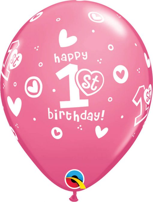 11" / 28cm 1st Birthday Circle Hearts - Girl Pink Qualatex #41185-1