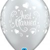11" / 28cm 6szt Just Married Hearts Silver Qualatex #19136