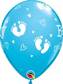 11" / 28cm Baby Boy Footprints & Hearts Robin's Egg Blue Qualatex #54168-1